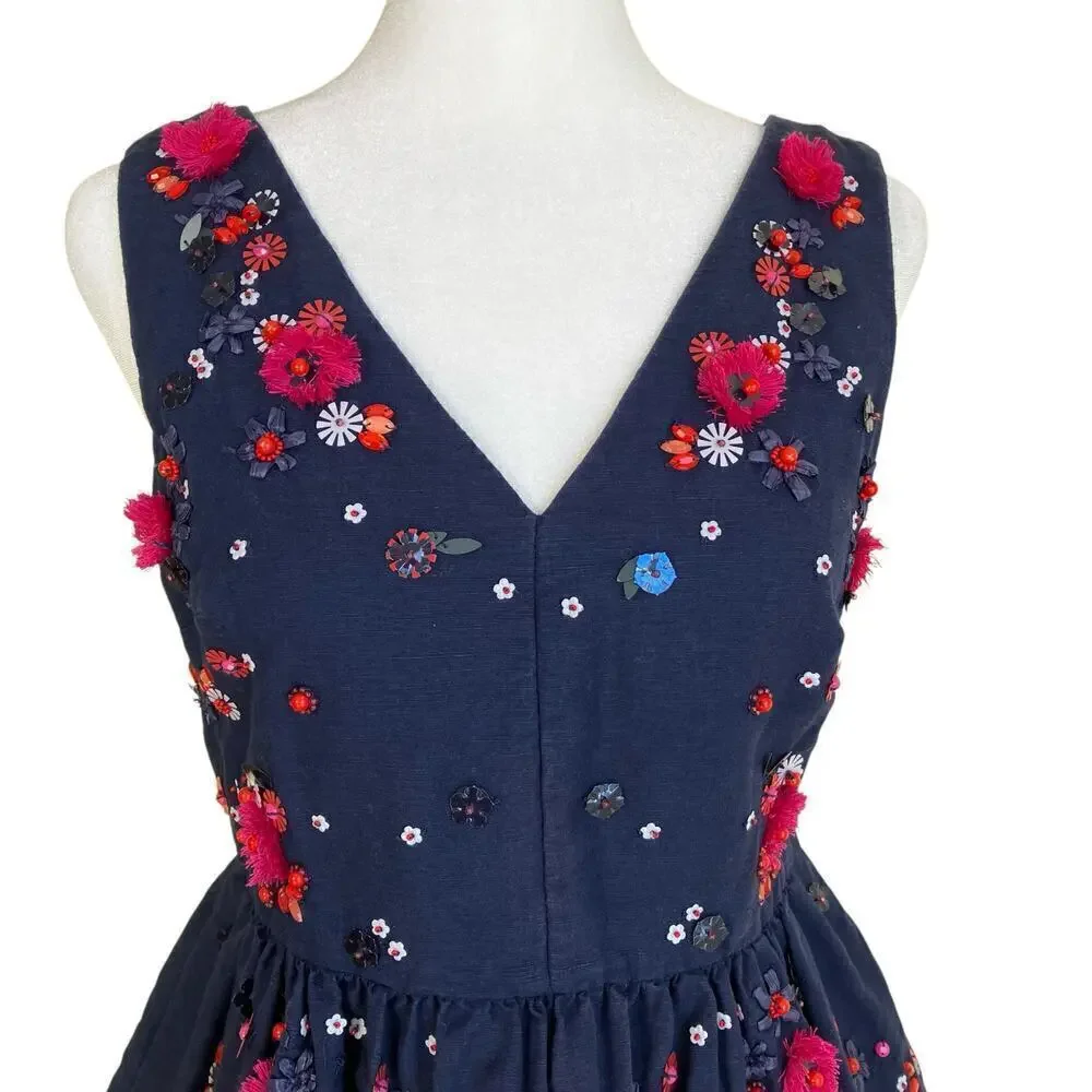 J. Crew Hand-Embellished Beaded Linen Blend Sleeveless Peplum Top Navy Red Sz 00